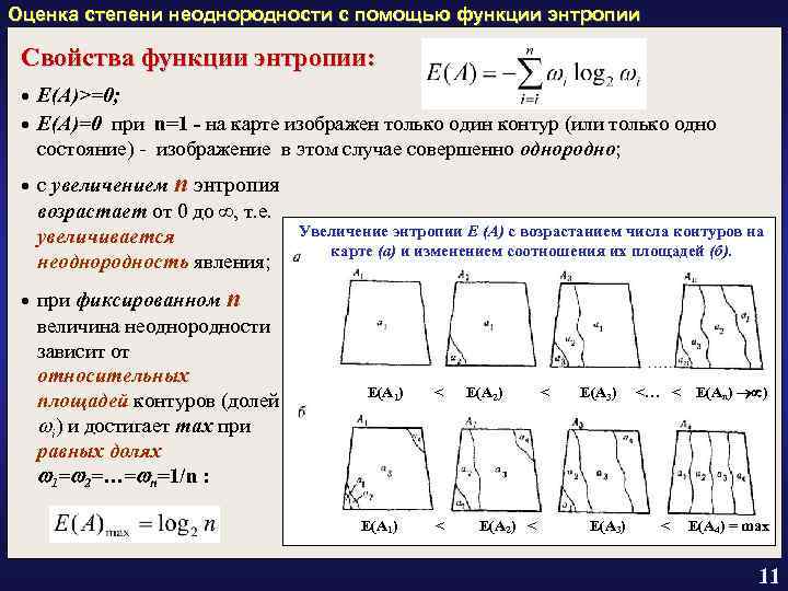 Оценка степени неоднородности с помощью функции энтропии Свойства функции энтропии: · Е(А)>=0; · Е(А)=0