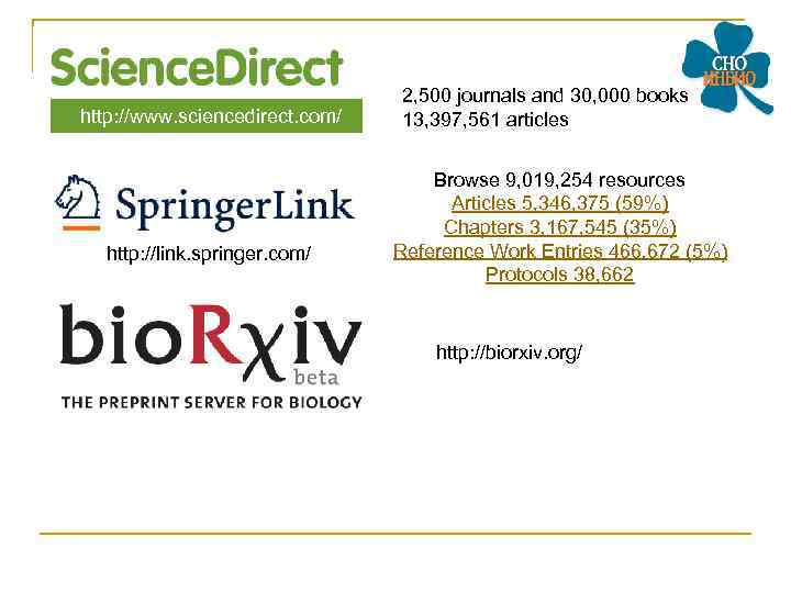 http: //www. sciencedirect. com/ http: //link. springer. com/ 2, 500 journals and 30, 000