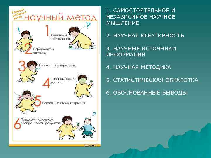 1. САМОСТОЯТЕЛЬНОЕ И НЕЗАВИСИМОЕ НАУЧНОЕ МЫШЛЕНИЕ 2. НАУЧНАЯ КРЕАТИВНОСТЬ 3. НАУЧНЫЕ ИСТОЧНИКИ ИНФОРМАЦИИ 4.