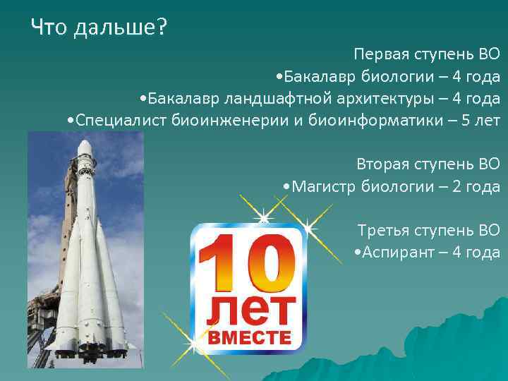 Что дальше? Первая ступень ВО • Бакалавр биологии – 4 года • Бакалавр ландшафтной