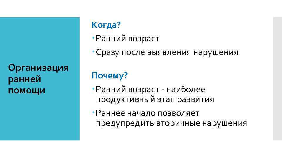Когда? Ранний возраст Сразу после выявления нарушения Организация ранней помощи Почему? Ранний возраст -