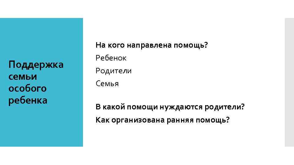На кого направлена помощь? Поддержка семьи особого ребенка Ребенок Родители Семья В какой помощи