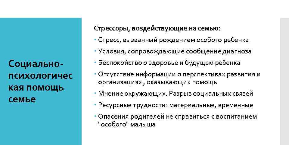 Стрессоры, воздействующие на семью: Стресс, вызванный рождением особого ребенка Условия, сопровождающие сообщение диагноза Социальнопсихологичес