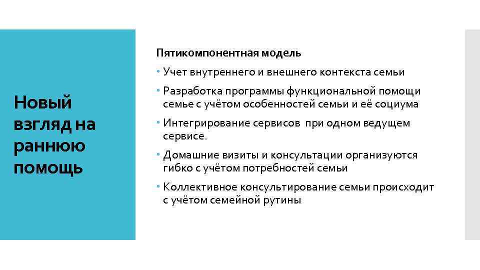 Пятикомпонентная модель Учет внутреннего и внешнего контекста семьи Новый взгляд на раннюю помощь Разработка