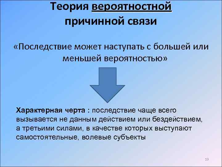 Теория вероятностной причинной связи «Последствие может наступать с большей или меньшей вероятностью» Характерная черта