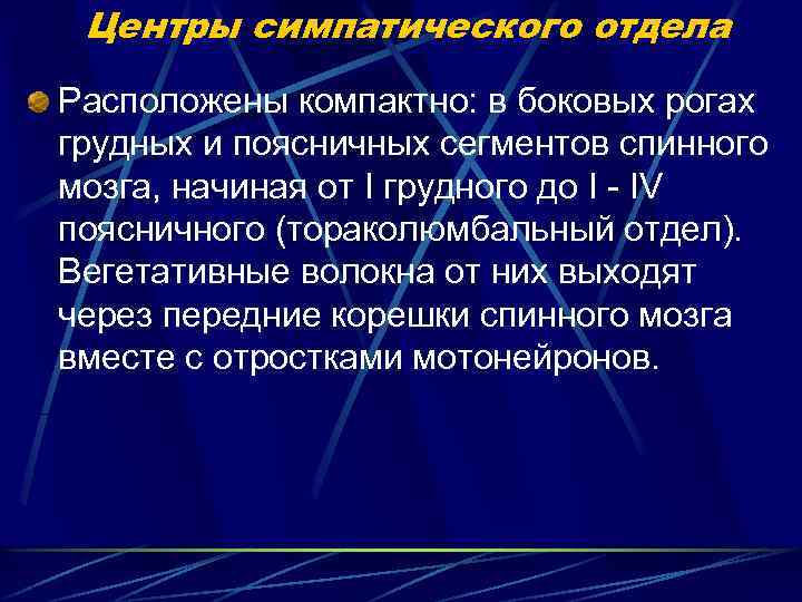 Центры симпатического отдела Расположены компактно: в боковых рогах грудных и поясничных сегментов спинного мозга,