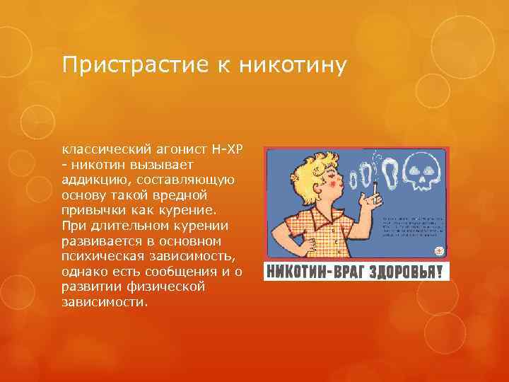 Пристрастие к никотину классический агонист Н-ХР - никотин вызывает аддикцию, составляющую основу такой вредной