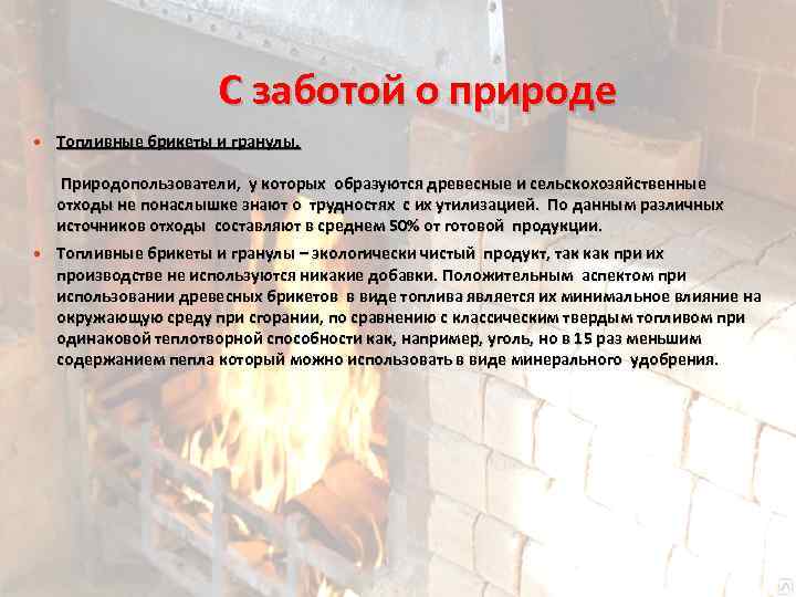 С заботой о природе Топливные брикеты и гранулы. Природопользователи, у которых образуются древесные и