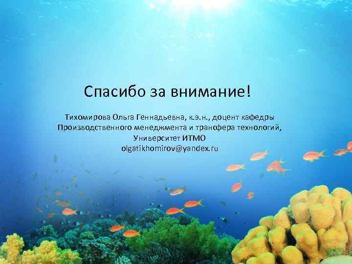Спасибо за внимание! Тихомирова Ольга Геннадьевна, к. э. н. , доцент кафедры Производственного менеджмента
