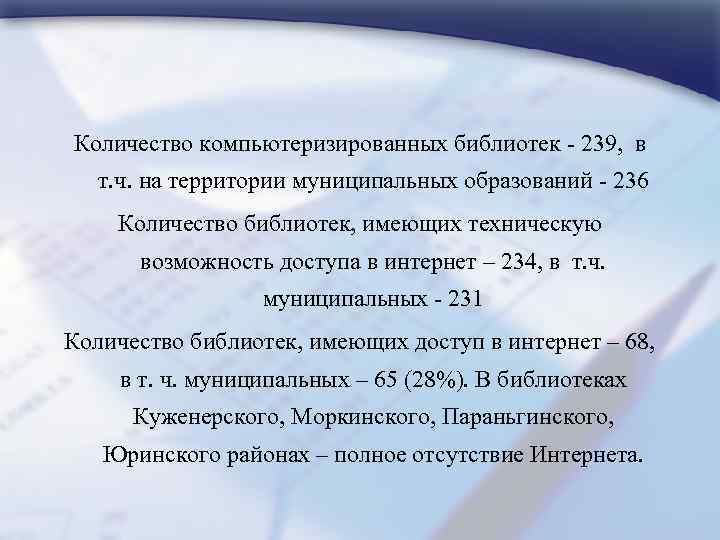 Количество компьютеризированных библиотек - 239, в т. ч. на территории муниципальных образований - 236