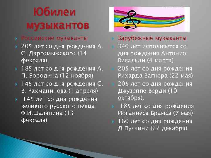 Юбилеи музыкантов Российские музыканты 205 лет со дня рождения А. С. Даргомыжского (14 февраля).