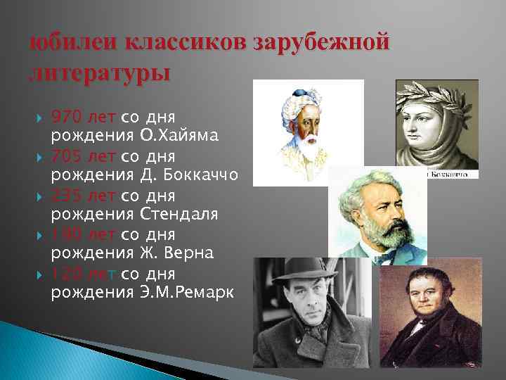юбилеи классиков зарубежной литературы 970 лет со дня рождения О. Хайяма 705 лет со