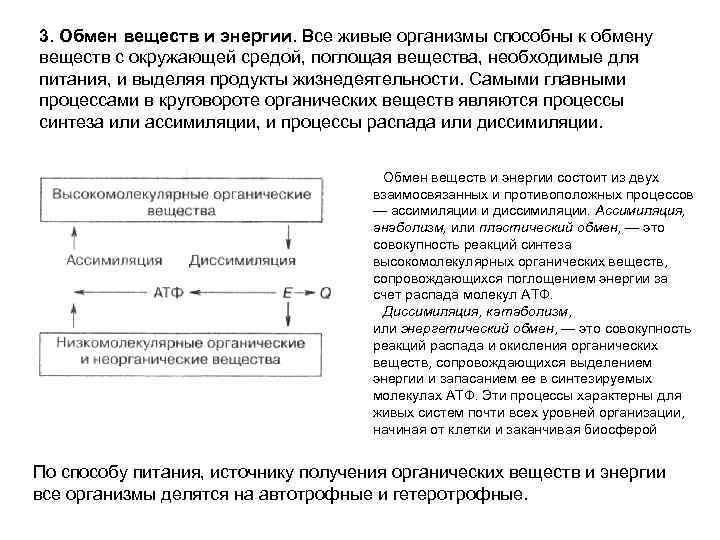 3. Обмен веществ и энергии. Все живые организмы способны к обмену веществ с окружающей