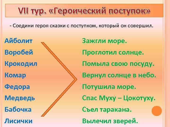 VII тур. «Героический поступок» - Соедини героя сказки с поступком, который он совершил. Айболит