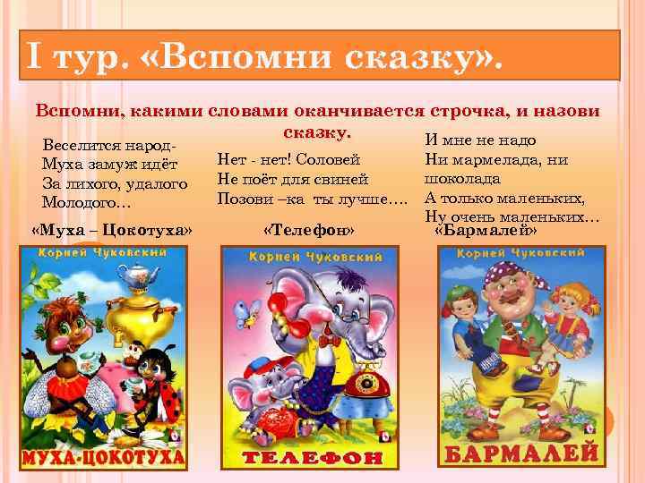 I тур. «Вспомни сказку» . Вспомни, какими словами оканчивается строчка, и назови сказку. И