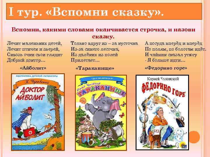 I тур. «Вспомни сказку» . Вспомни, какими словами оканчивается строчка, и назови сказку. Лечит