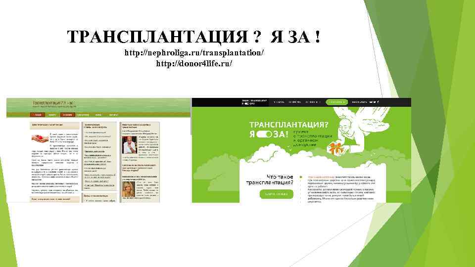 ТРАНСПЛАНТАЦИЯ ? Я ЗА ! http: //nephroliga. ru/transplantation/ http: //donor 4 life. ru/ 