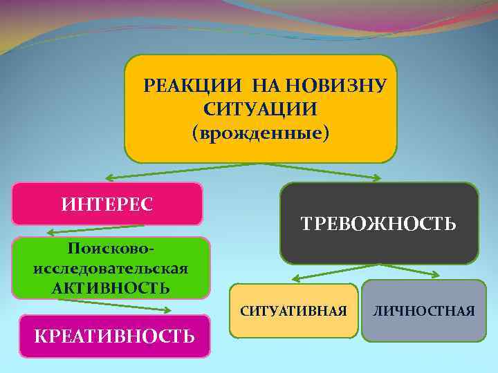 РЕАКЦИИ НА НОВИЗНУ СИТУАЦИИ (врожденные) ИНТЕРЕС ТРЕВОЖНОСТЬ Поисково исследовательская АКТИВНОСТЬ СИТУАТИВНАЯ КРЕАТИВНОСТЬ ЛИЧНОСТНАЯ 