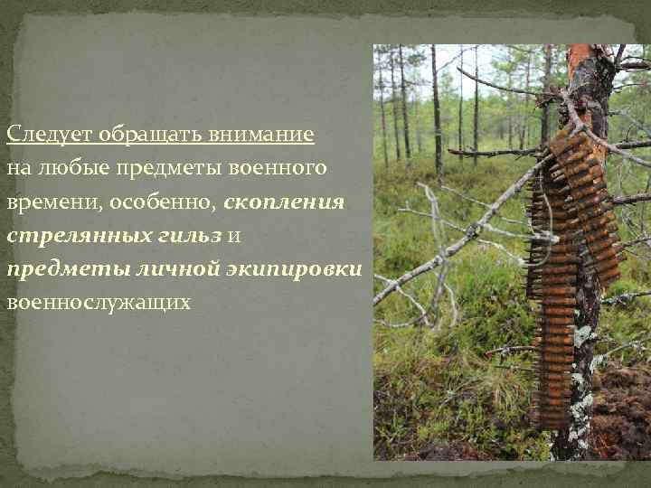 Следует обращать внимание на любые предметы военного времени, особенно, скопления стрелянных гильз и предметы