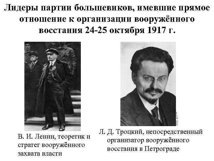 Лидеры партии большевиков, имевшие прямое отношение к организации вооружённого восстания 24 -25 октября 1917