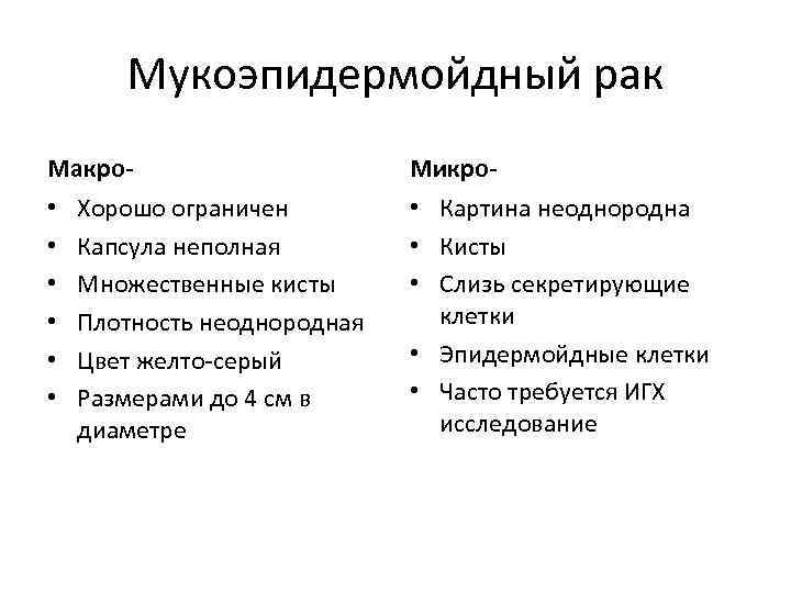 Мукоэпидермойдный рак Макро- • • • Хорошо ограничен Капсула неполная Множественные кисты Плотность неоднородная