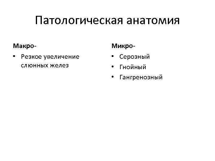 Патологическая анатомия Макро- Микро- • Резкое увеличение слюнных желез • Серозный • Гнойный •