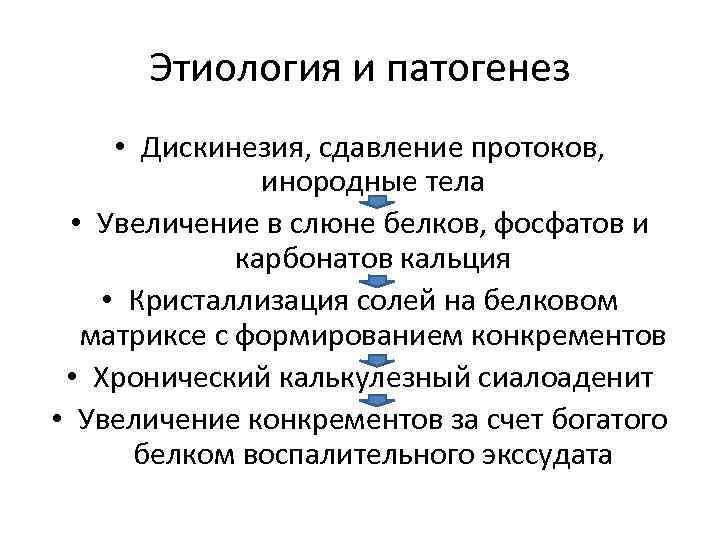 Этиология и патогенез • Дискинезия, сдавление протоков, инородные тела • Увеличение в слюне белков,