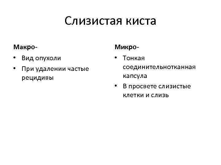 Слизистая киста Макро- Микро- • Вид опухоли • При удалении частые рецидивы • Тонкая