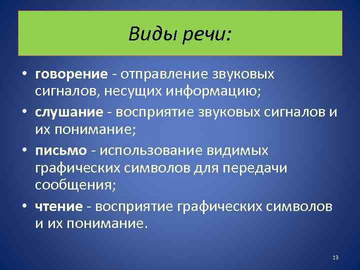 Виды речи: • говорение - отправление звуковых сигналов, несущих информацию; • слушание - восприятие