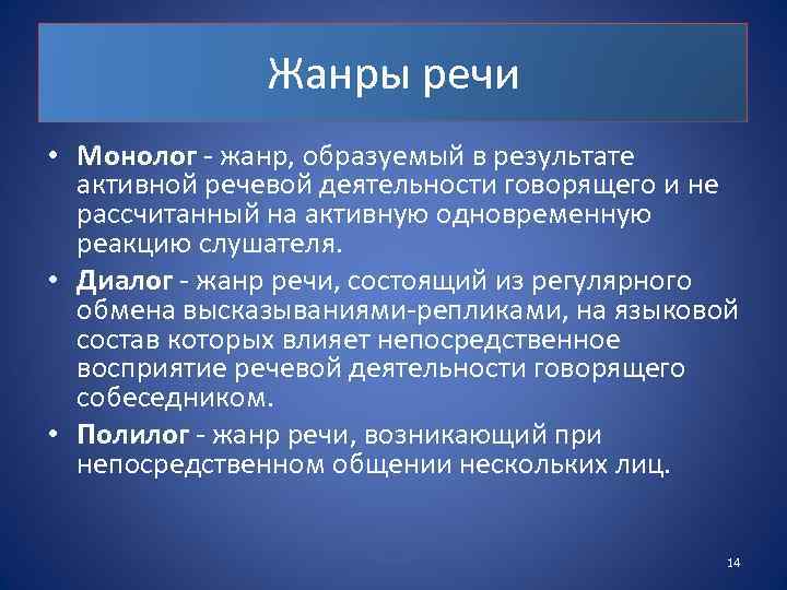 Жанры речи • Монолог - жанр, образуемый в результате активной речевой деятельности говорящего и