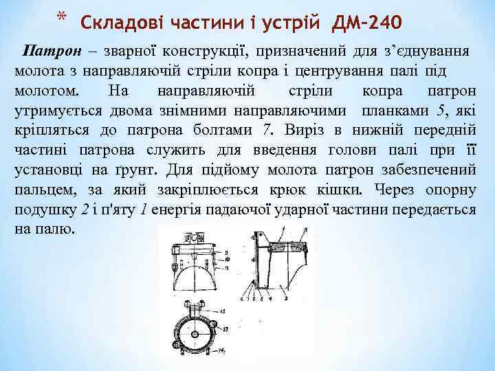 * Складові частини і устрій ДМ-240 Патрон – зварної конструкції, призначений для з’єднування молота