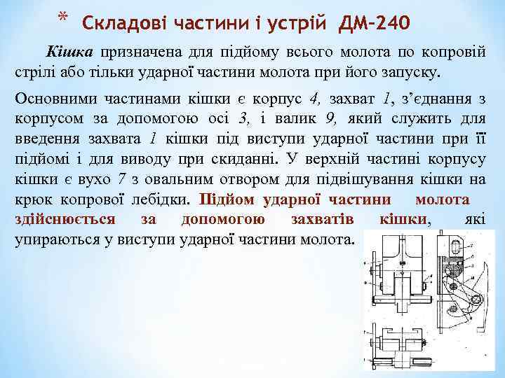 * Складові частини і устрій ДМ-240 Кішка призначена для підйому всього молота по копровій
