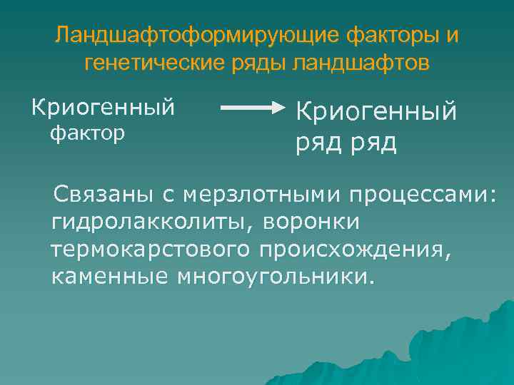 Ландшафтоформирующие факторы и генетические ряды ландшафтов Криогенный фактор Криогенный ряд Связаны с мерзлотными процессами: