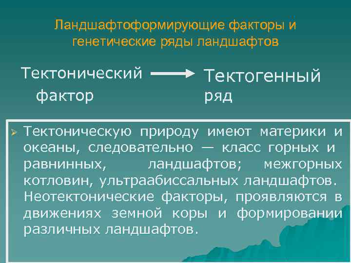 Ландшафтоформирующие факторы и генетические ряды ландшафтов Тектонический фактор Тектогенный ряд Тектоническую природу имеют материки