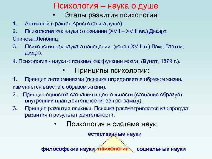 Психология – наука о душе • Этапы развития психологии: 1. Античный (трактат Аристотеля о