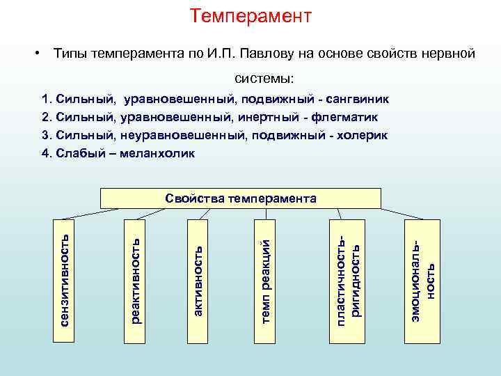 Темперамент • Типы темперамента по И. П. Павлову на основе свойств нервной системы: 1.