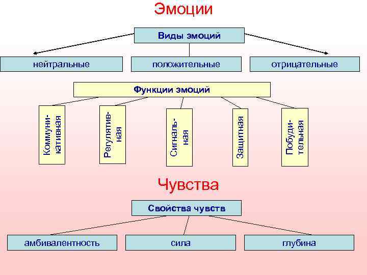 Эмоции Виды эмоций нейтральные положительные отрицательные Побудительная Защитная Сигнальная Регулятивная Коммуникативная Функции эмоций Чувства