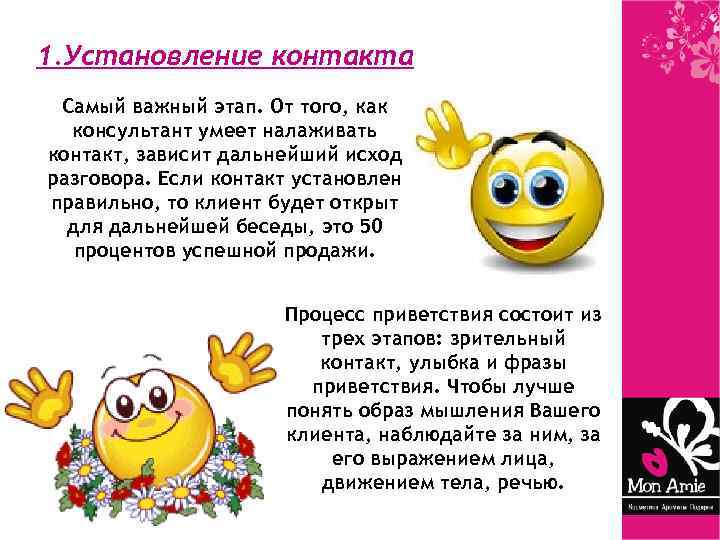 1. Установление контакта Самый важный этап. От того, как консультант умеет налаживать контакт, зависит