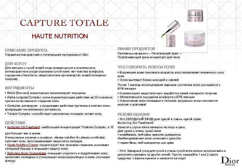 HAUTE NUTRITION ОПИСАНИЕ ПРОДУКТА Первая антивозрастная и питательная программа от Dior. ДЛЯ КОГО? Для