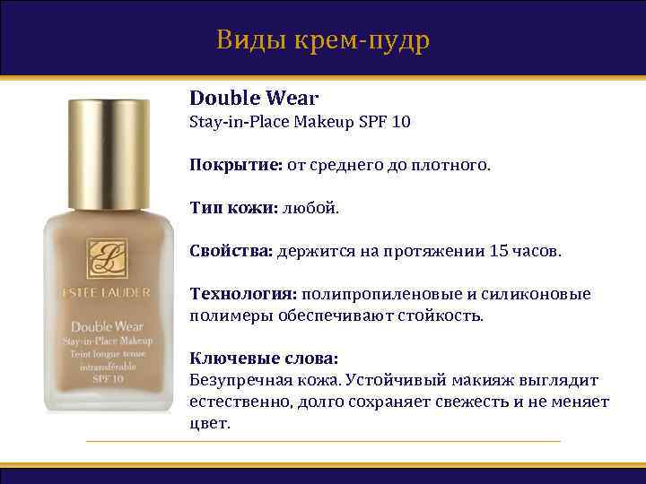 Виды крем-пудр Double Wear Stay-in-Place Makeup SPF 10 Покрытие: от среднего до плотного. Тип