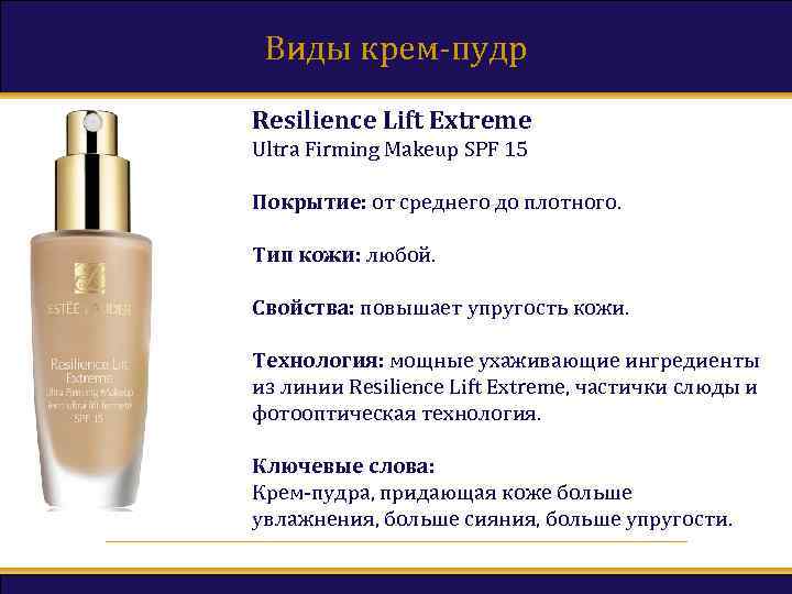 Виды крем-пудр Resilience Lift Extreme Ultra Firming Makeup SPF 15 Покрытие: от среднего до