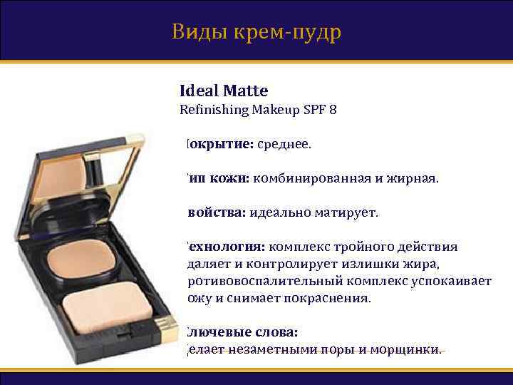 Виды крем-пудр Ideal Matte Refinishing Makeup SPF 8 Покрытие: среднее. Тип кожи: комбинированная и