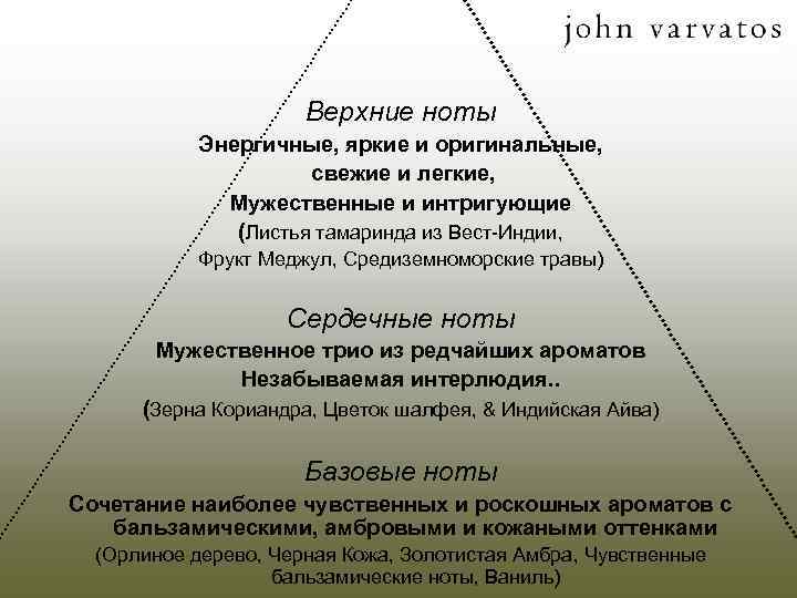 Верхние ноты Энергичные, яркие и оригинальные, свежие и легкие, Мужественные и интригующие (Листья тамаринда