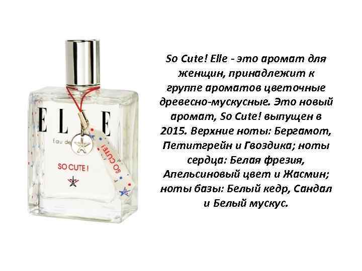 So Cute! Elle - это аромат для женщин, принадлежит к группе ароматов цветочные древесно-мускусные.