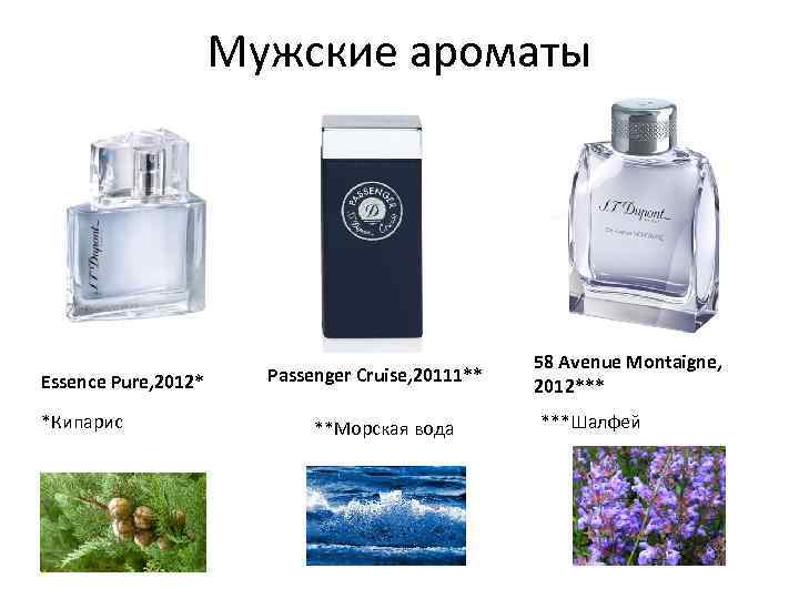 Мужские ароматы Essence Pure, 2012* *Кипарис Passenger Cruise, 20111** **Морская вода 58 Avenue Montaigne,