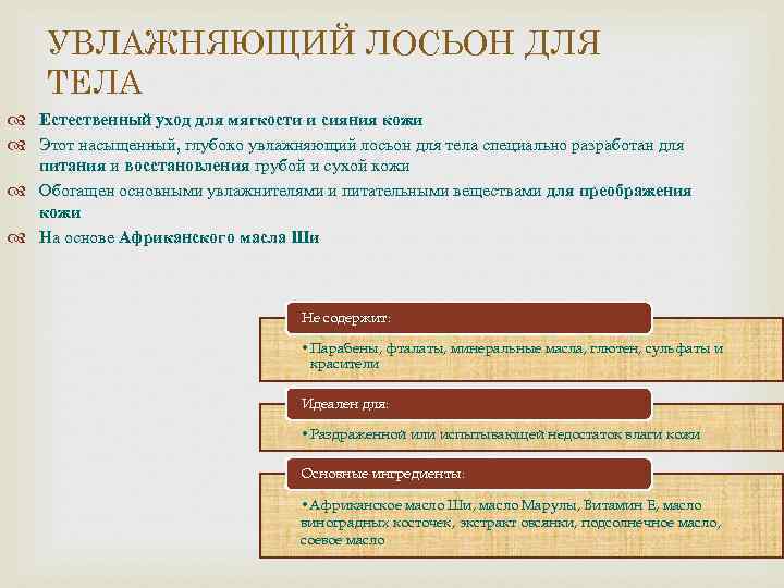 УВЛАЖНЯЮЩИЙ ЛОСЬОН ДЛЯ ТЕЛА Естественный уход для мягкости и сияния кожи Этот насыщенный, глубоко
