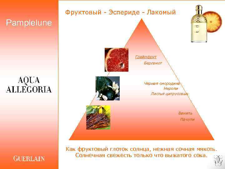 Фруктовый - Эспериде - Лакомый Pamplelune Грейпфрут Бергамот Чёрная смородина Нероли Листья цитрусовых Ваниль