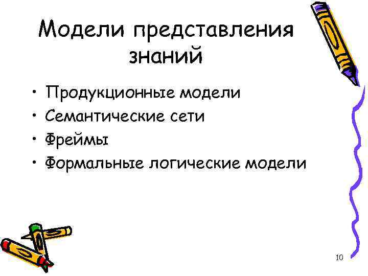 Модели представления знаний • • Продукционные модели Семантические сети Фреймы Формальные логические модели 10