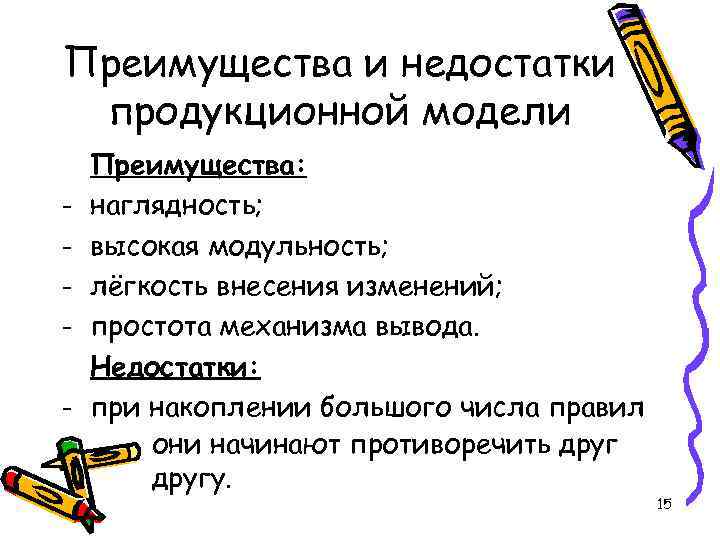 Преимущества и недостатки продукционной модели - Преимущества: наглядность; высокая модульность; лёгкость внесения изменений; простота