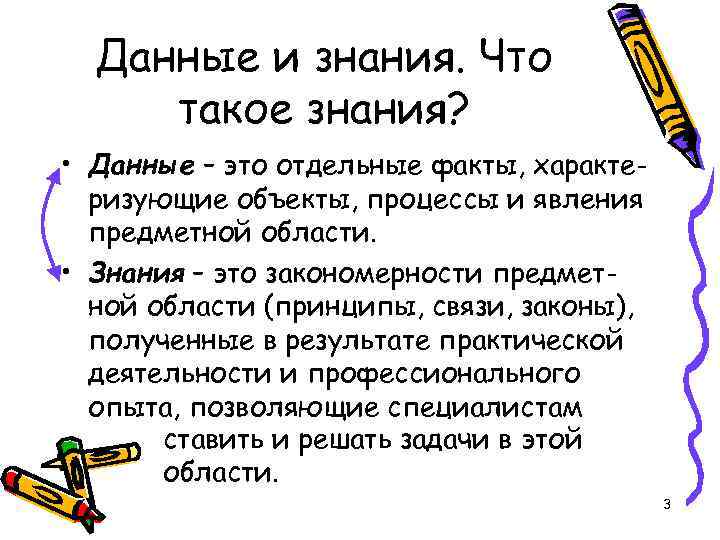 Данные и знания. Что такое знания? • Данные – это отдельные факты, характеризующие объекты,